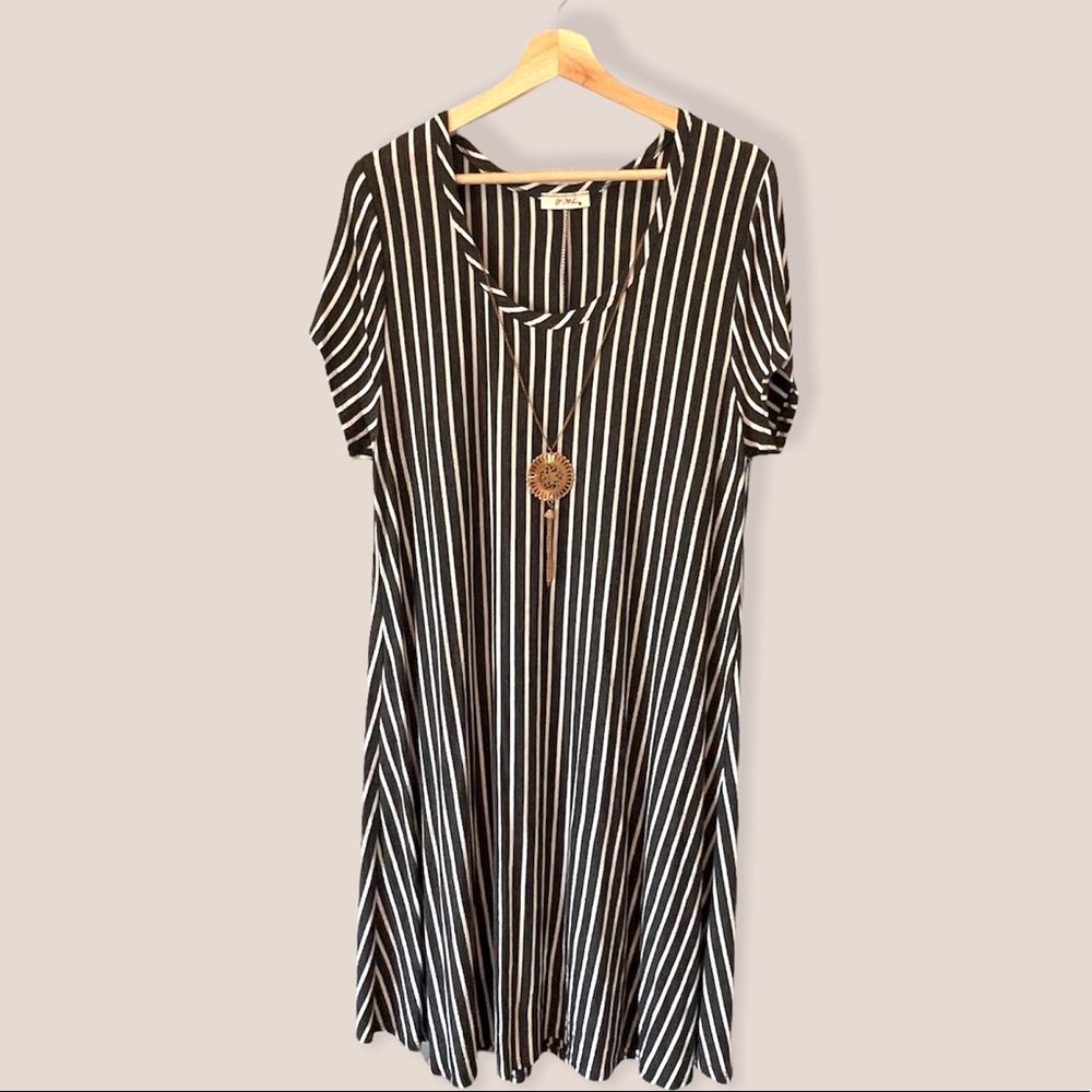 Pinc White and Gray striped scoop neck line and A line flare dress